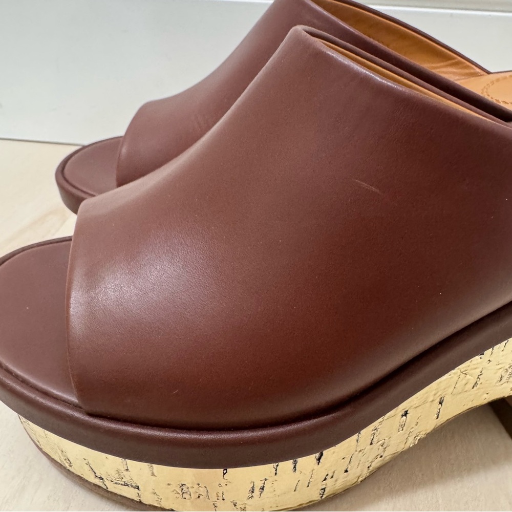 Chloe Oil Leather Cork Platform Mule Sandals Women's 36 = US 6 Brown Gold Italy - Picture 3 of 16